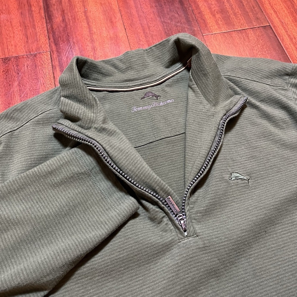Tommy Bahama 1/4 Zip Men Extra Large XL Olive Green Pullover Sweater Sweat Shirt